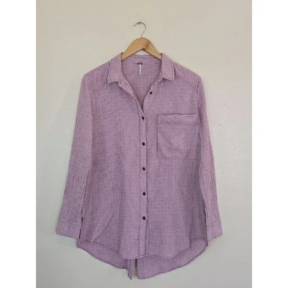 Free People No Limits Split Back Button Down Shirt Red Striped Boho Top Medium - Picture 2 of 13